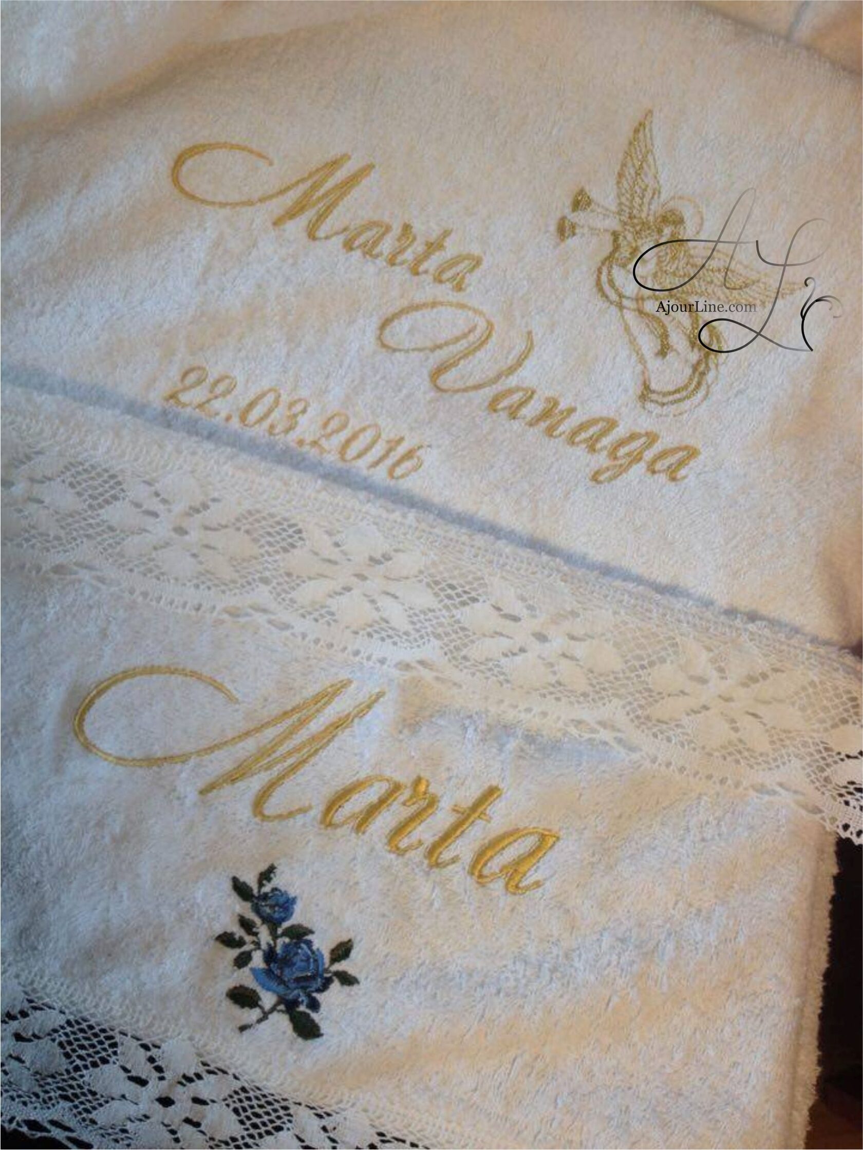 Personalized terry towel with custom embroidery for christening, made to order in Riga, worldwide shipping.