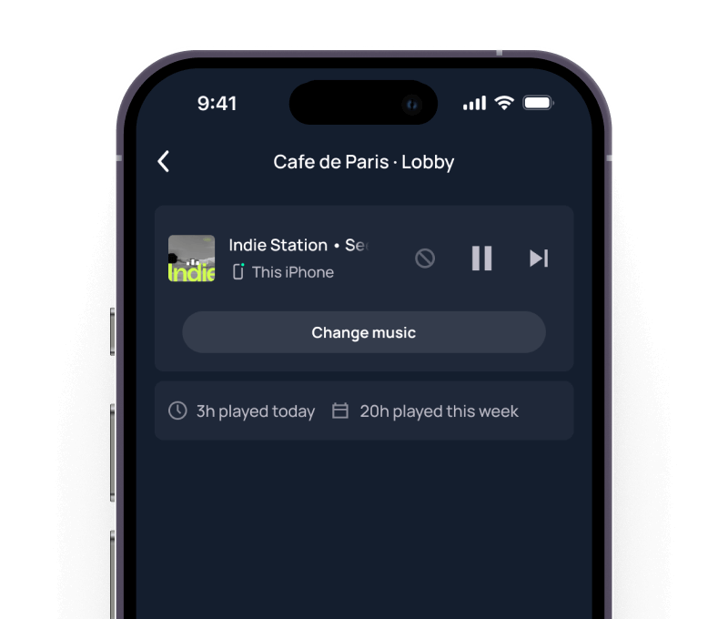 App de Moodby reproduciendo música para el lobby de Cafe de Paris
