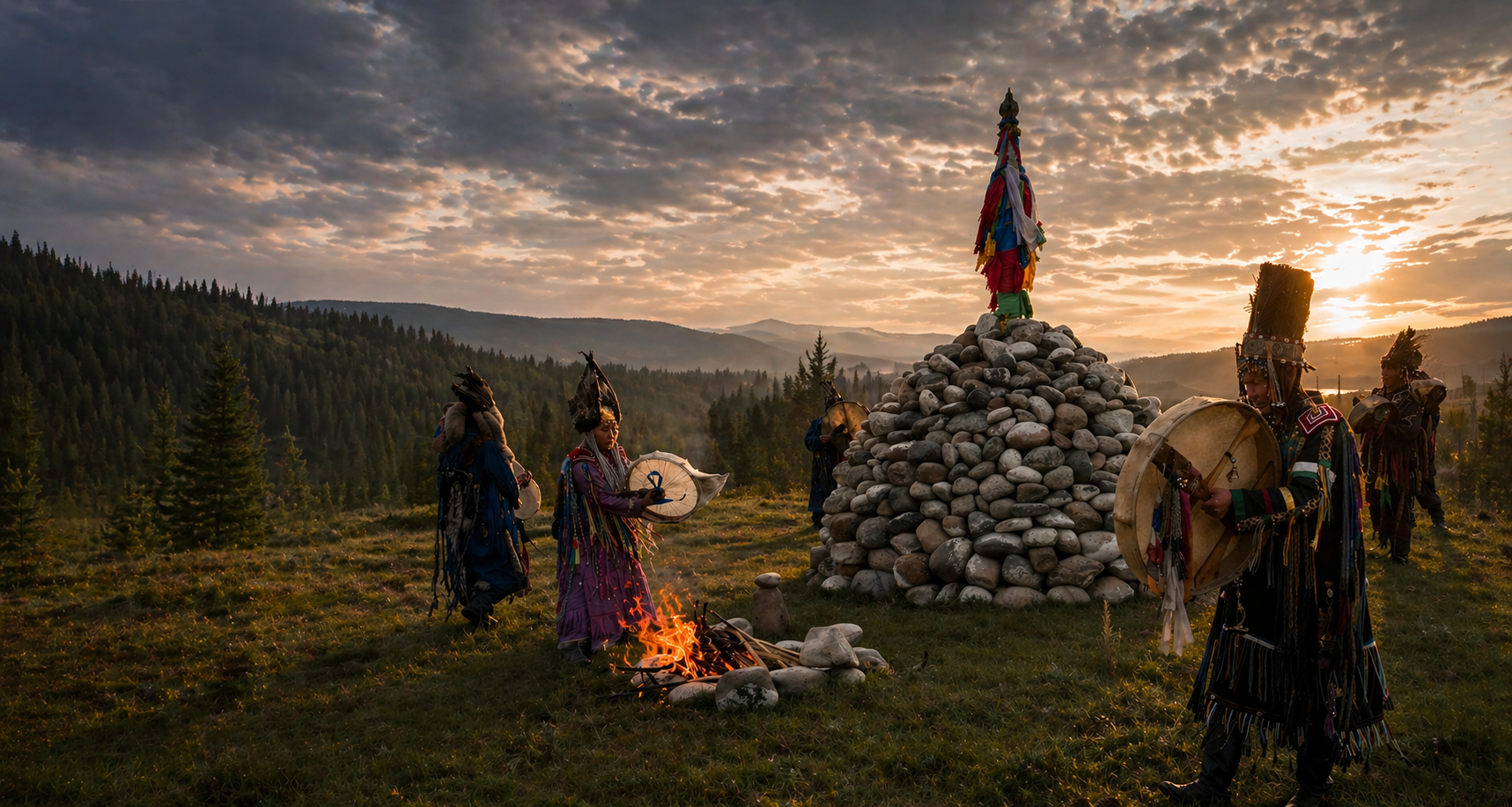 Chamans de Sibérie lors d'un rituel traditionnel dans la taïga