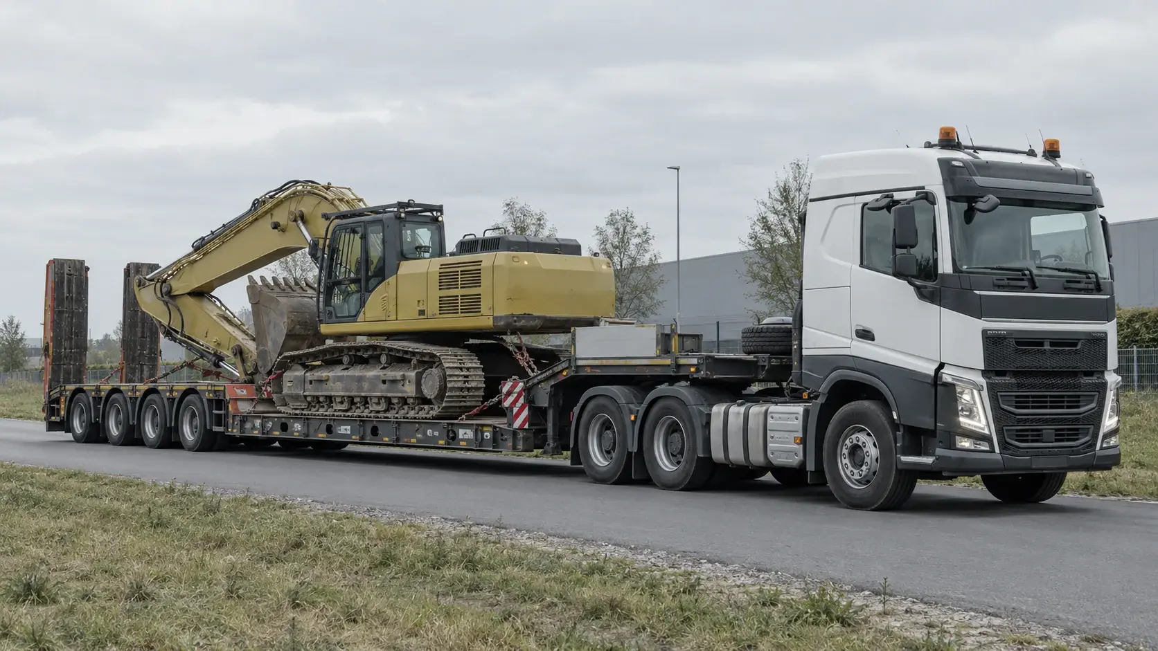 Crawler excavator secured for transport on a specialized lowbed trailer