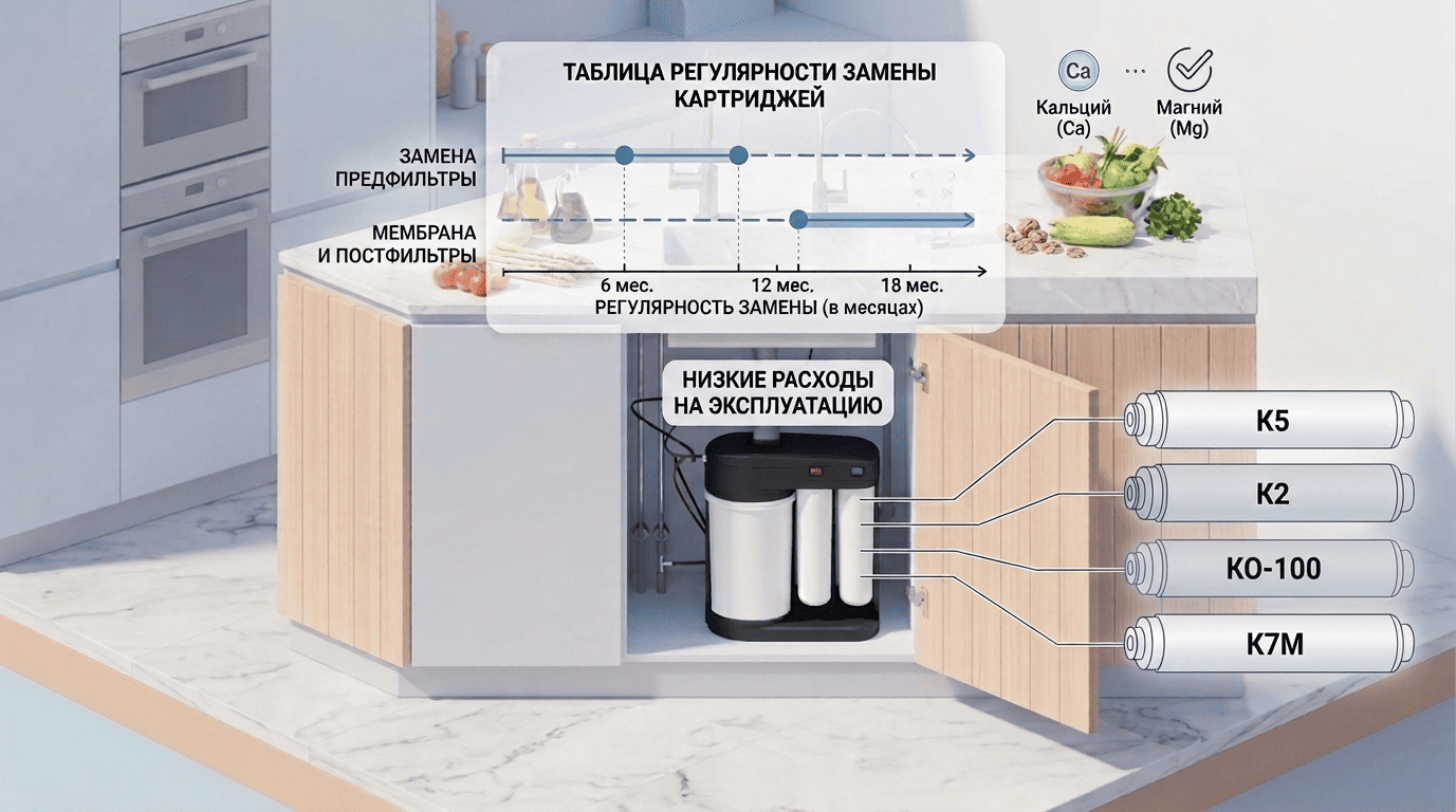 График регулярности замены сменных картриджей К5, К2, КО-100 и К7М в системе обратного осмоса