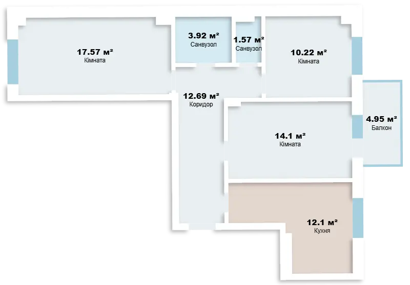 Первая планировка 3-комнатной квартиры в ЖК Алексеевский