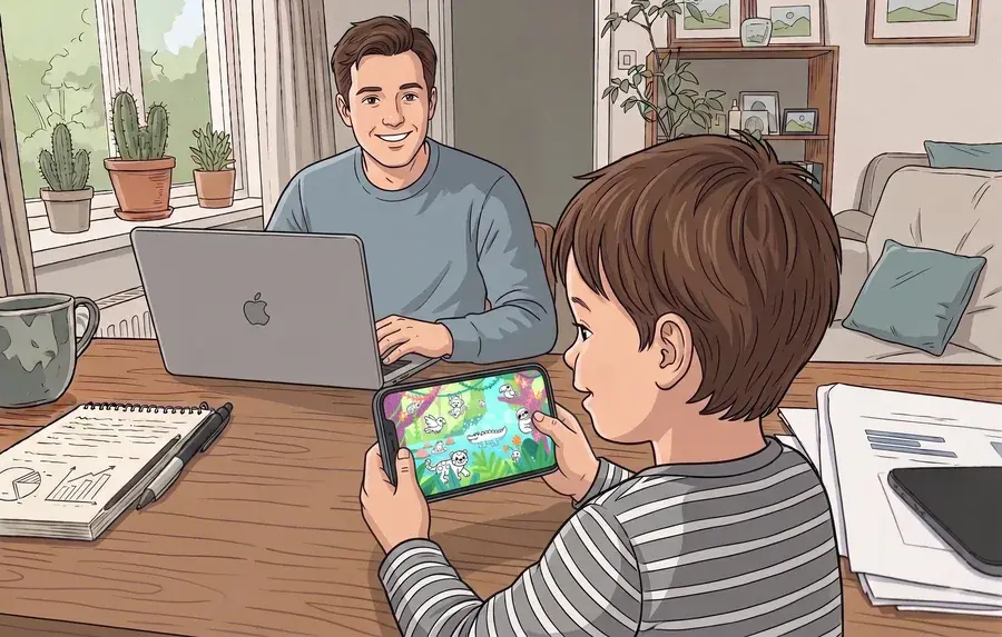 Parent working on a laptop while the child plays