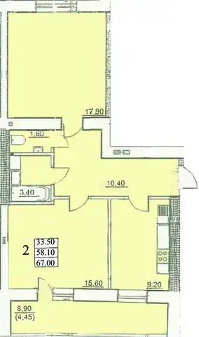 Первый вариант планировки 2-комнатной квартиры в ЖК Сахарова