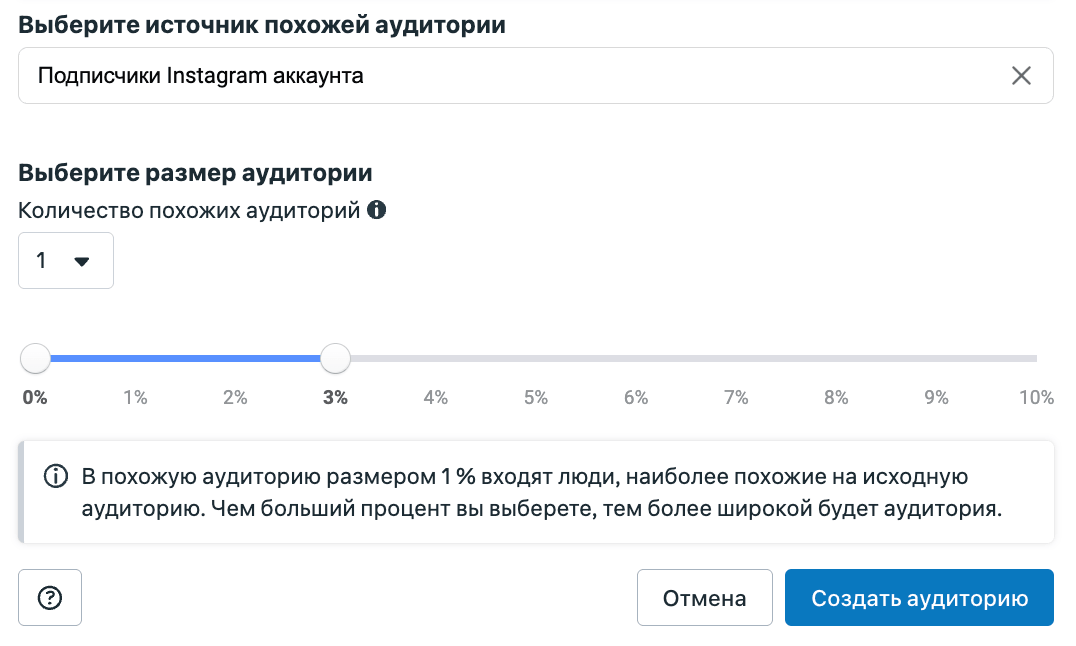 Создание похожей аудитории в Meta Ads: выбор источника (подписчики Instagram) и ползунок размера от 0 до 10 процентов