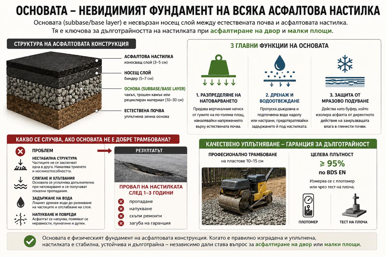 Основа при асфалтиране на двор и малки площи – функции, уплътняване и защита от пропадане на асфалта