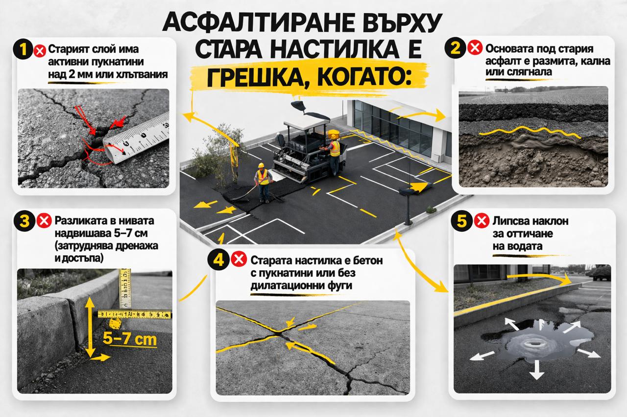 Инфографика: кога асфалтиране върху стара настилка е грешка – пукнатини над 2 мм, слягнала основа, разлика в нивата 5–7 см, бетон без фуги и липса на наклон за оттичане