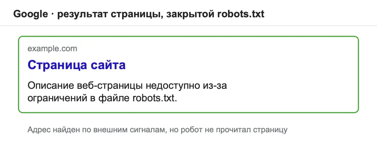 Пример результата Google для страницы, закрытой в robots.txt