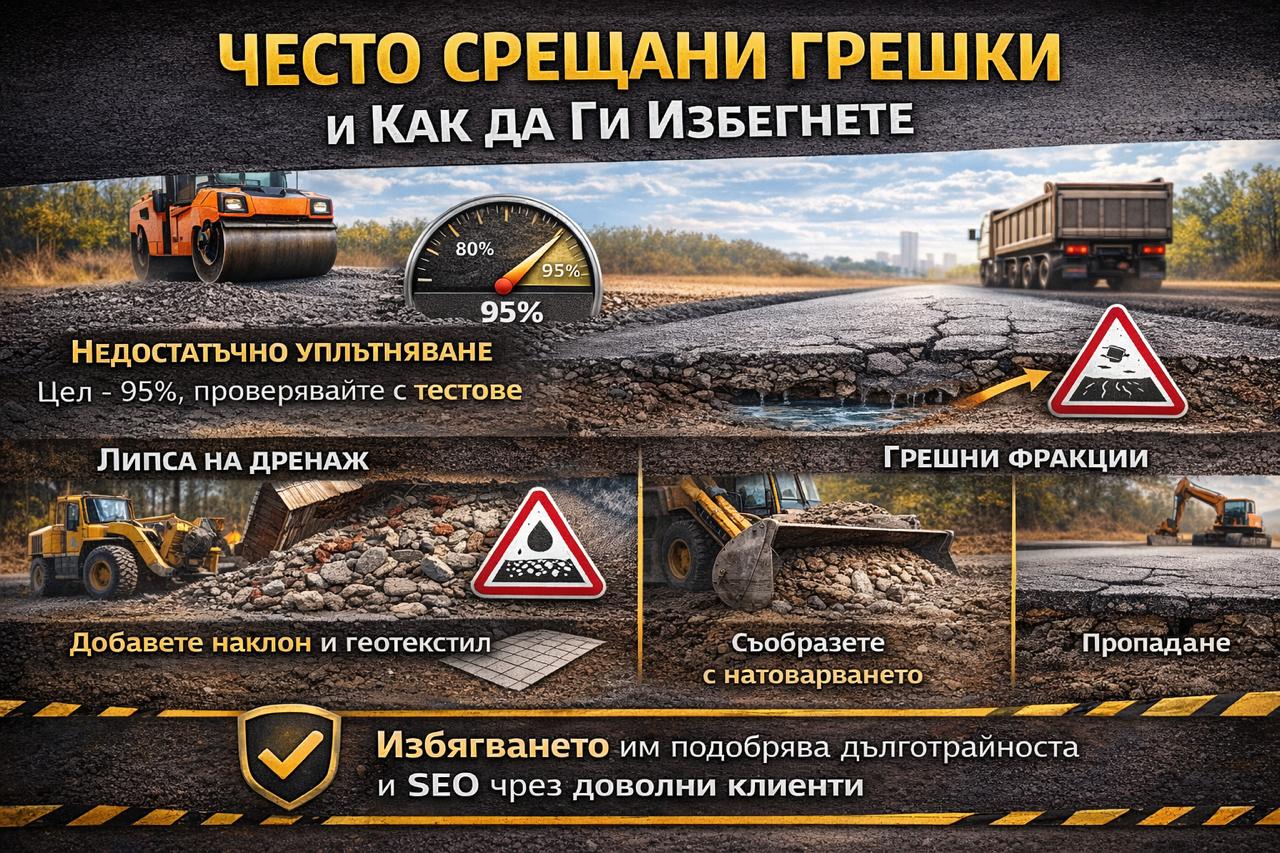 Често срещани грешки при асфалтиране – недостатъчно уплътняване, липса на дренаж и неправилни фракции чакъл