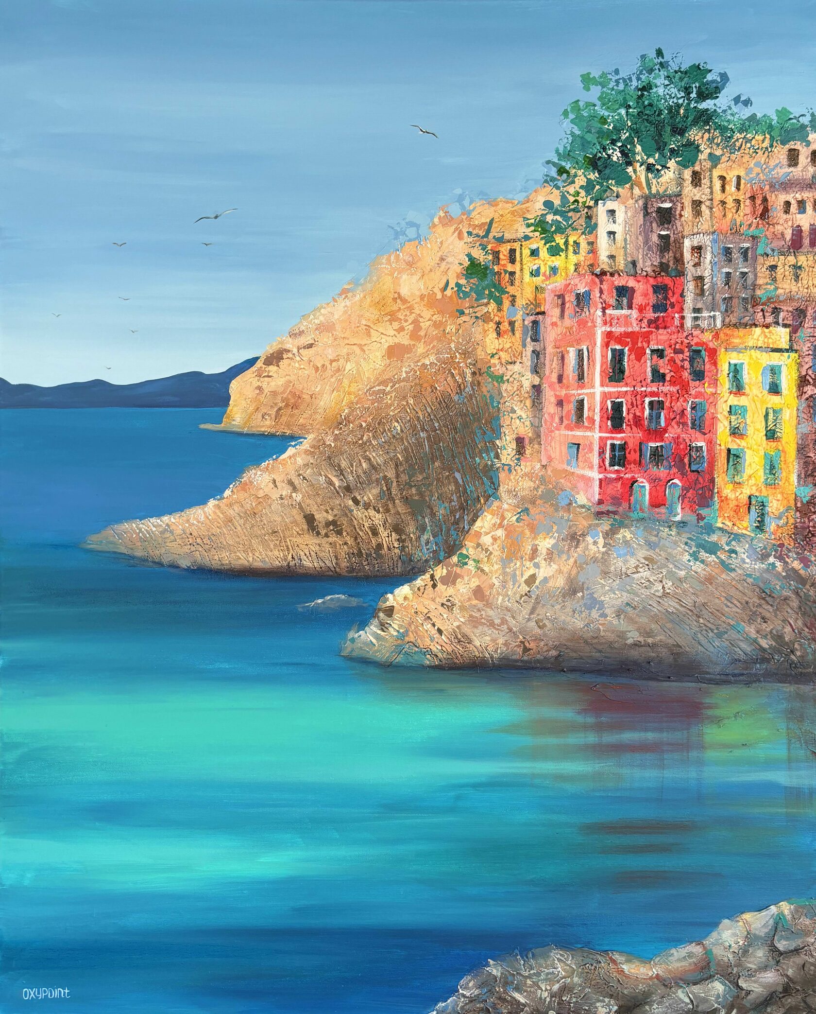 Acrylic painting Riomaggiore, Cinque Terre, mixed media Turquoise Sea, large wall art for sale, buy art from artist, buy original paintings, seascape, stones in the sea, painting for sale Oxana Kravtsova Oxypoint