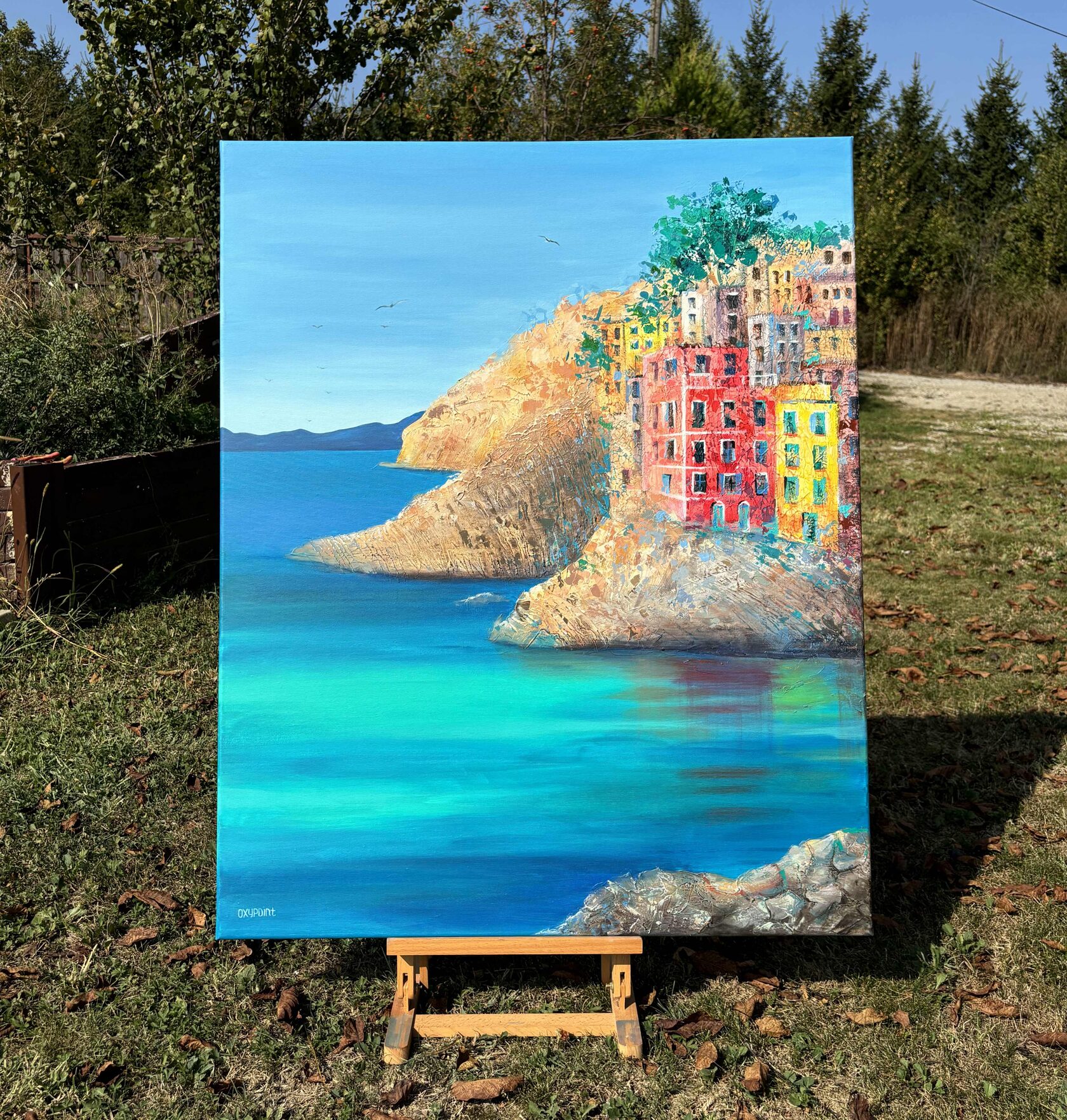 Acrylic painting Riomaggiore, large wall art for sale, buy art from artist, buy original paintings, Cinque Terre, mixed media Turquoise Sea, seascape, stones in the sea, painting for sale Oxana Kravtsova Oxypoint