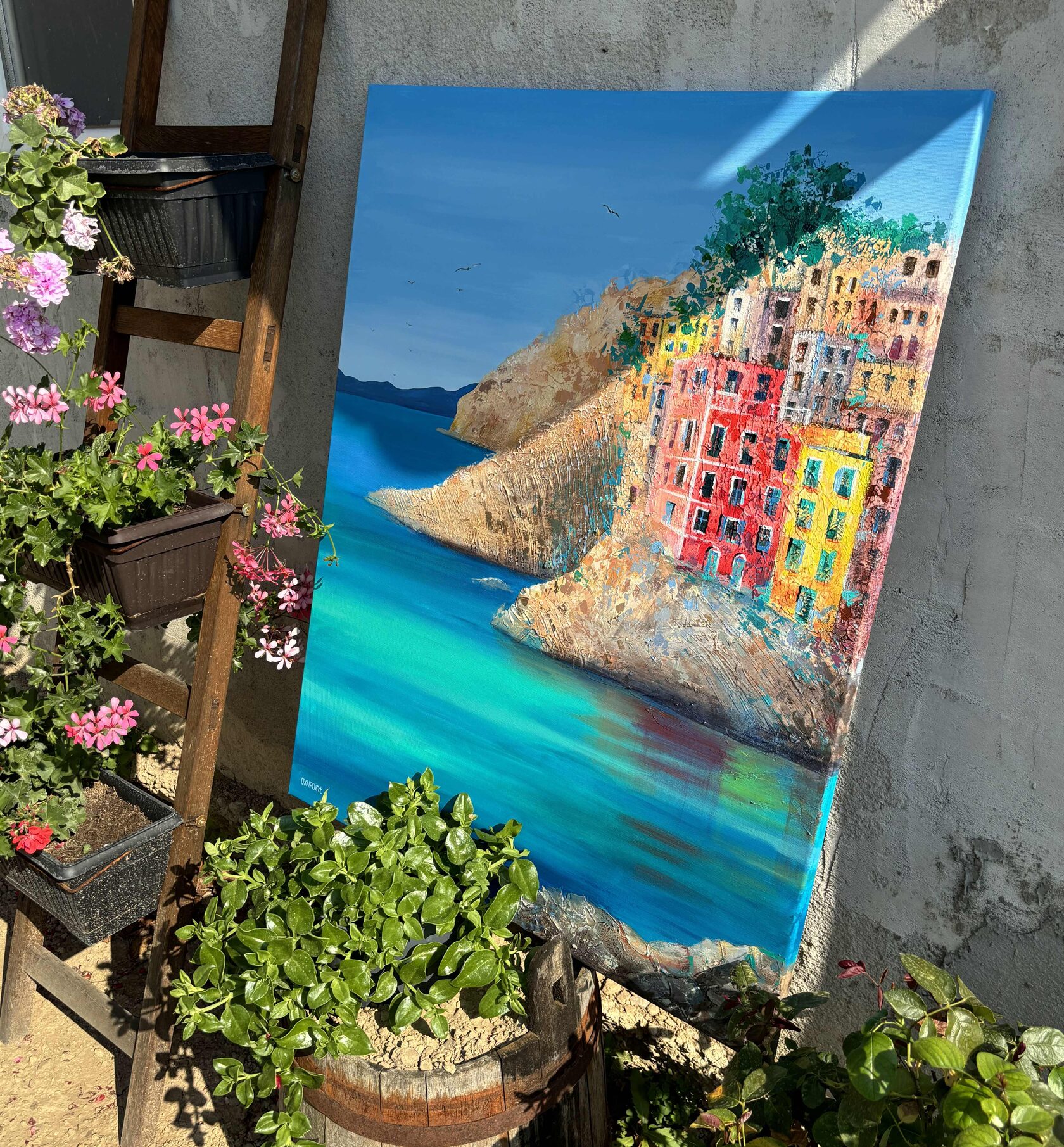 Acrylic painting Riomaggiore, Cinque Terre, large wall art for sale, buy art from artist, buy original paintings, mixed media Turquoise Sea, seascape, stones in the sea, painting for sale Oxana Kravtsova Oxypoint