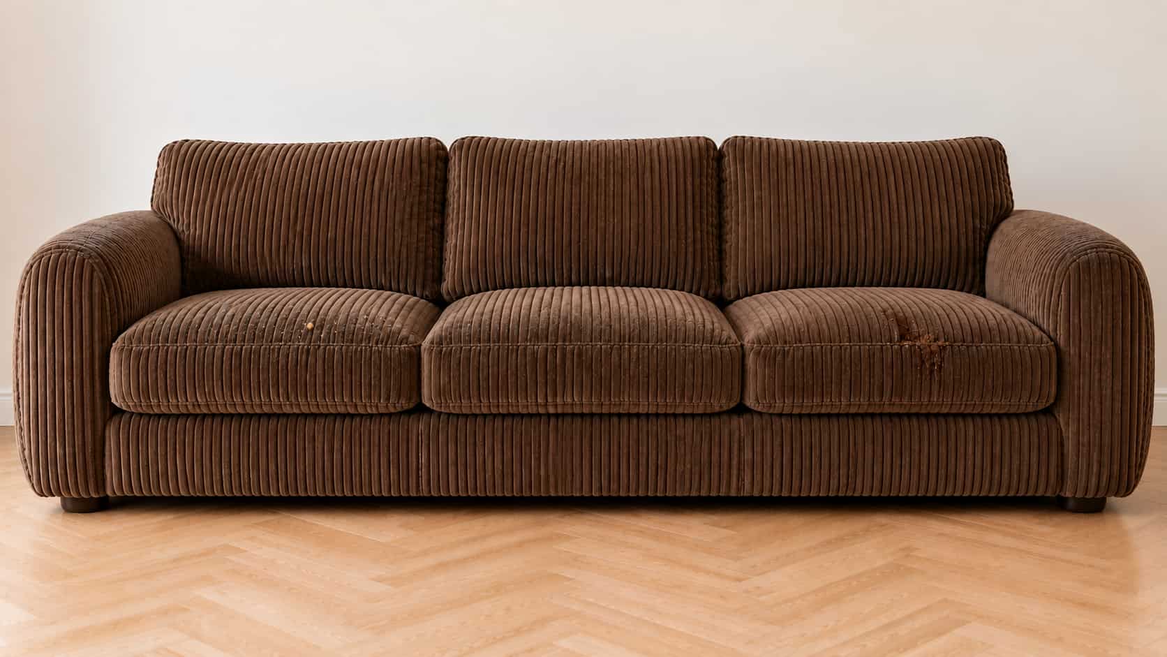 Symbolbild: braunes Cordsofa mit Staub in den Rillen, fettig gl&auml;nzenden Armlehnen und einem Schokoladenfleck vor der Reinigung.