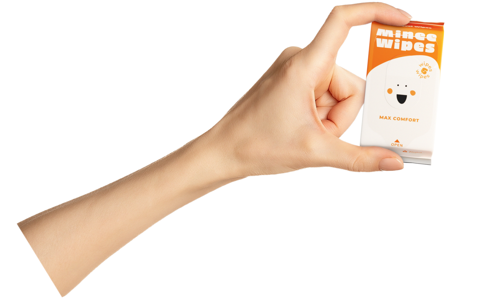 Hand holding an orange Minee Wipes mini pack, showing compact size similar to a credit card.