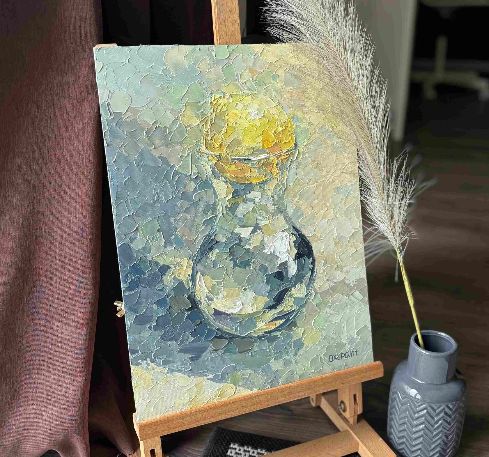 lemon oil painting, still life with glass, abstract art, balance painting with a knife, artist OXYPOINT Oxana Kravtsova