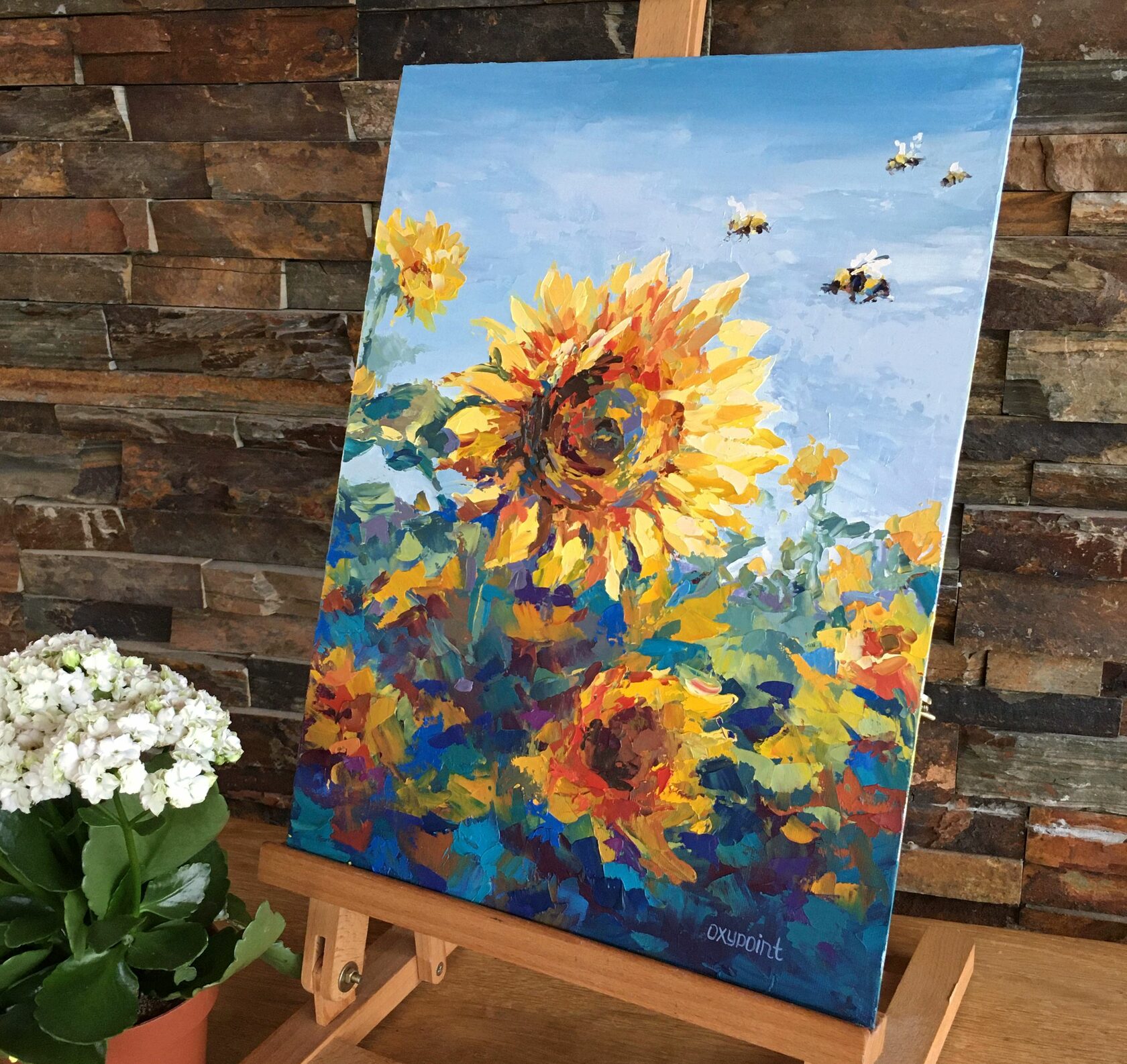 Sunflowers oil painting, flowers abstract art, sunflower knife painting, artist OXYPOINT Oxana Kravtsova, painting for sale
