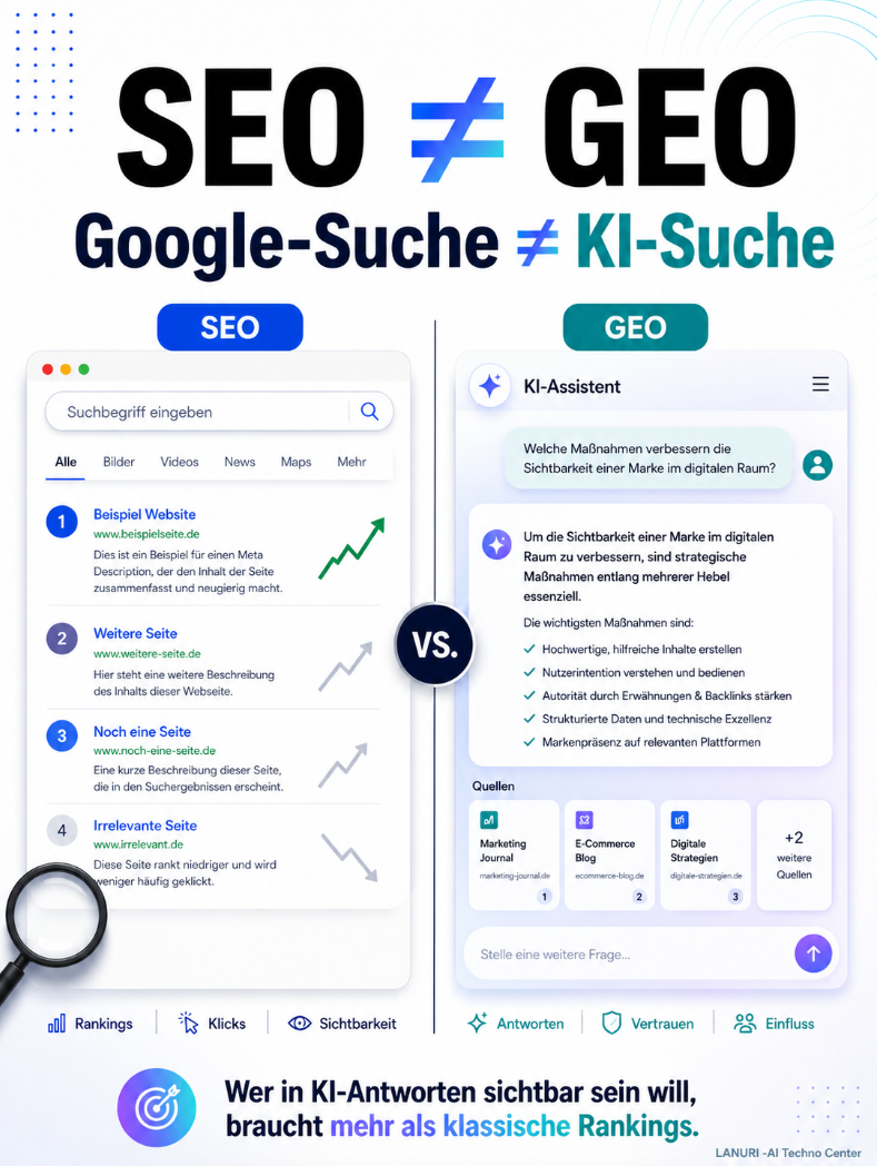 LANURI Infografik SEO vs GEO mit Vergleich zwischen Google-Suche, klassischem Ranking und KI-Suche mit generativen Antworten