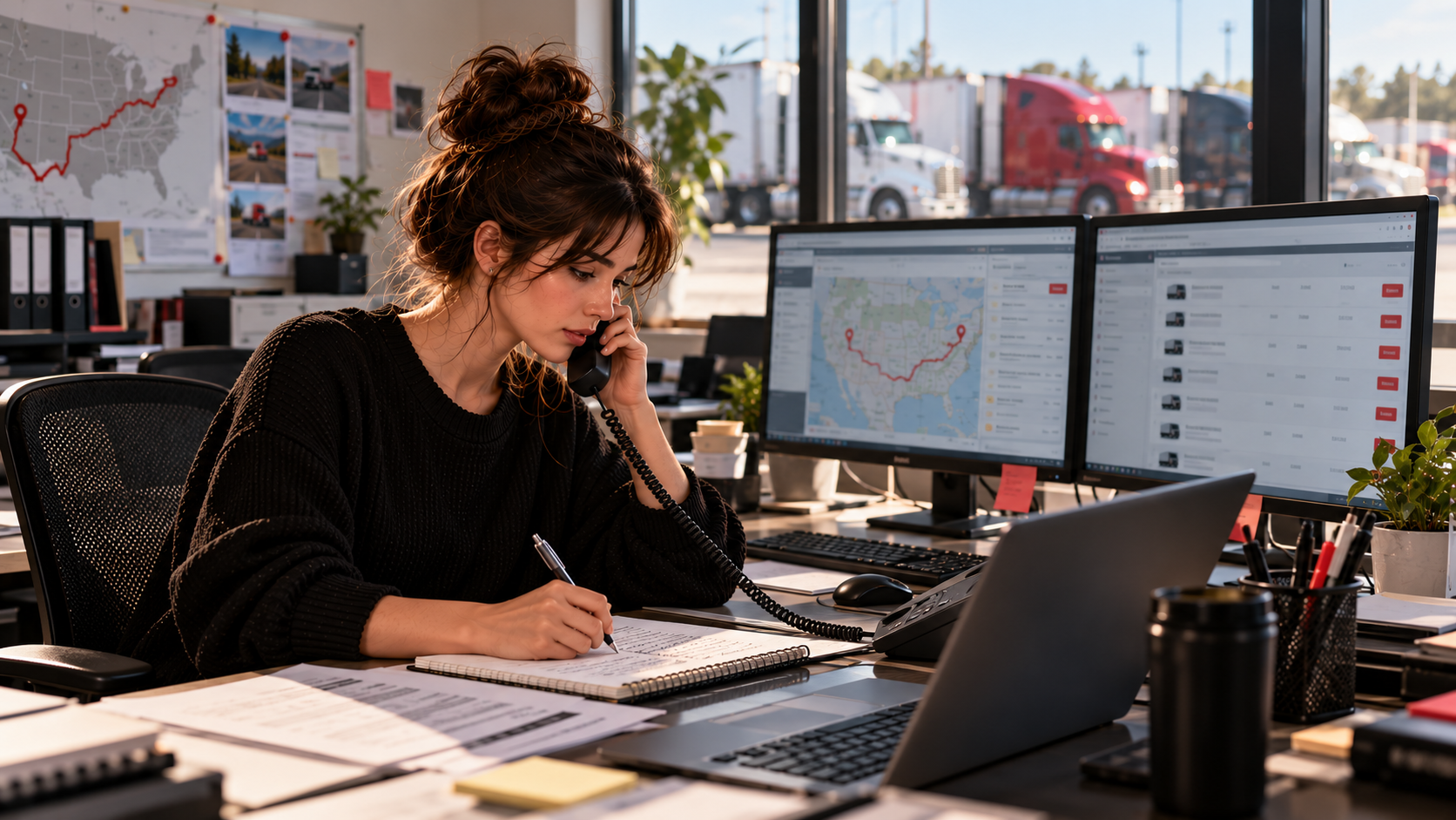 A dispatcher at a dual-screen desk practicing a phone call, note-taking and load comparison workflow