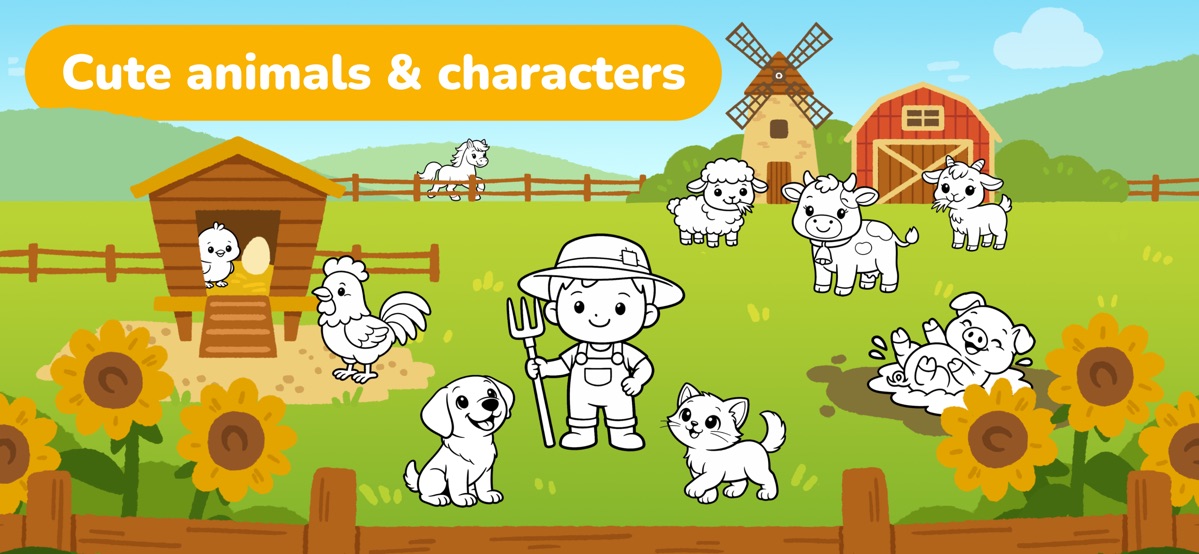 Bumi Lumi farm coloring page with a farmer, a cow and chickens to color