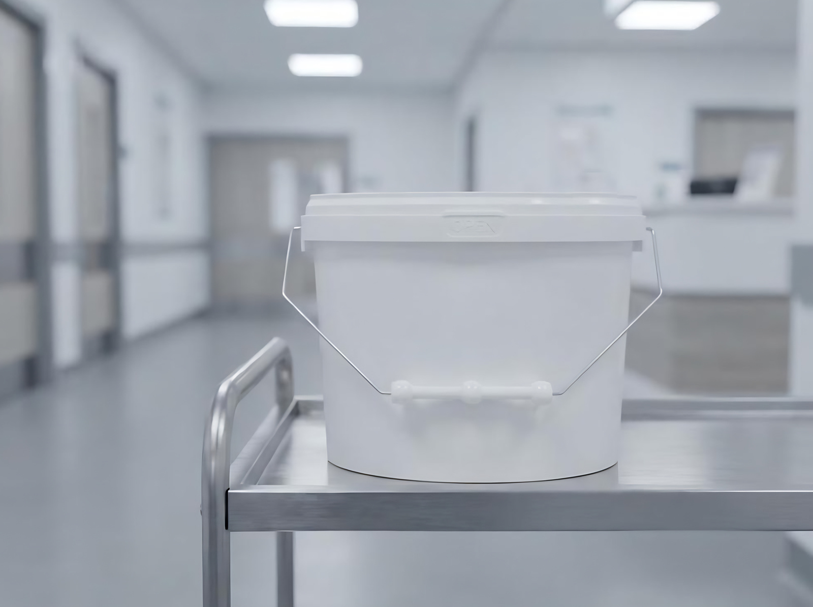 Пластиковое ведро с закрытой крышкой на медицинской тележке в коридоре клиники