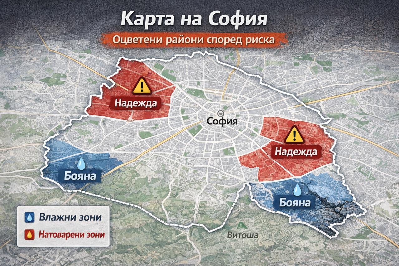 Инфографика карта на София показваща влажни и силно натоварени райони с риск за асфалтови настилки