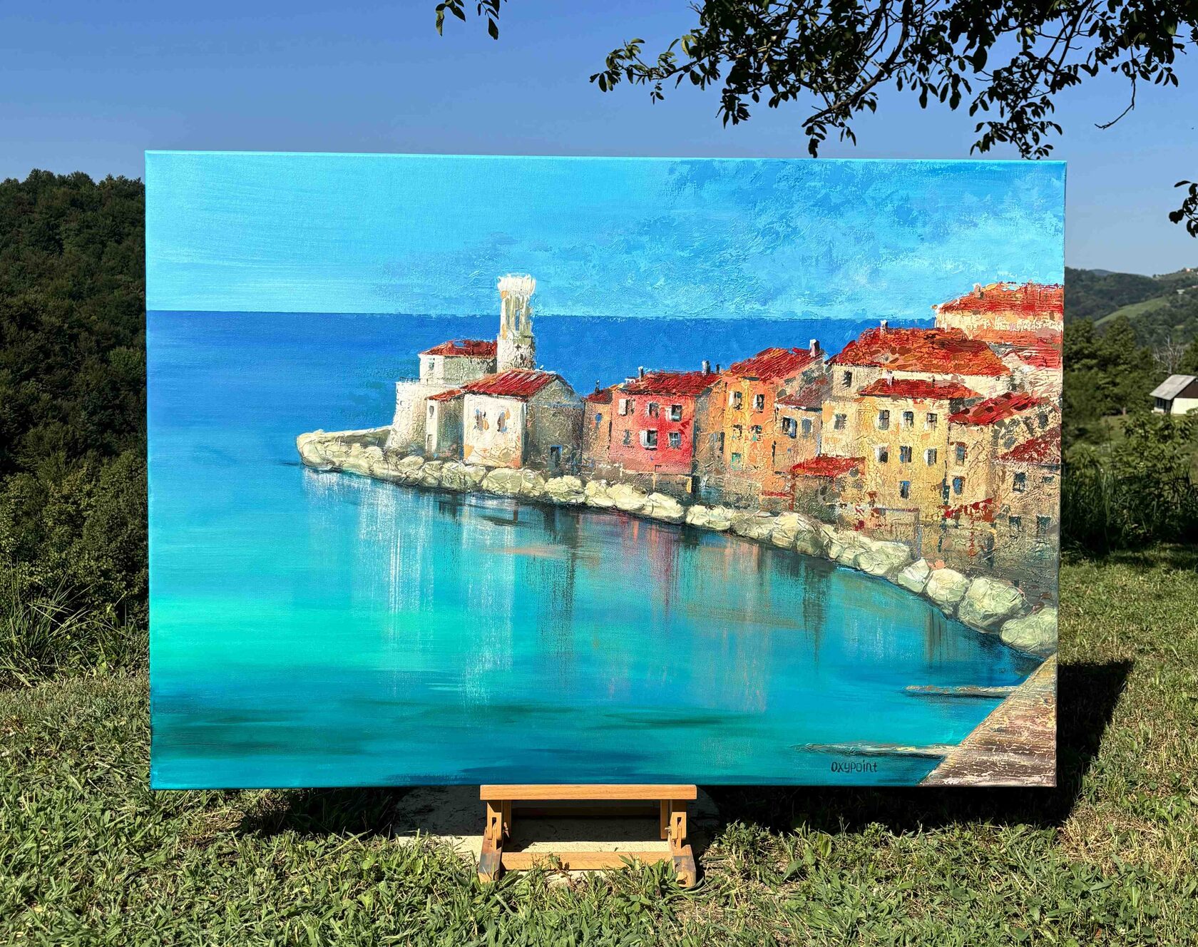 Acrylic painting Piran, mixed media, large wall art for sale, buy art from artist, buy original paintings, Slovenia, painting for sale Oxana Kravtsova Oxypoint