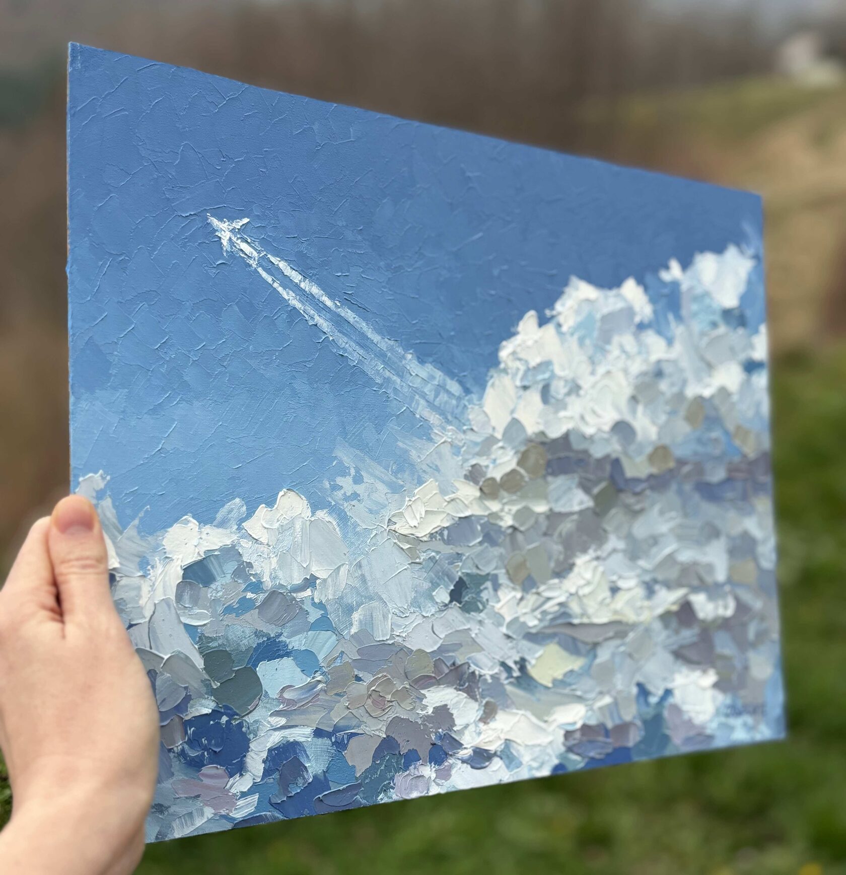 Airplane in the clouds oil painting, cloud abstract art, sky knife painting, artist OXYPOINT Oxana Kravtsova, painting for sale 
