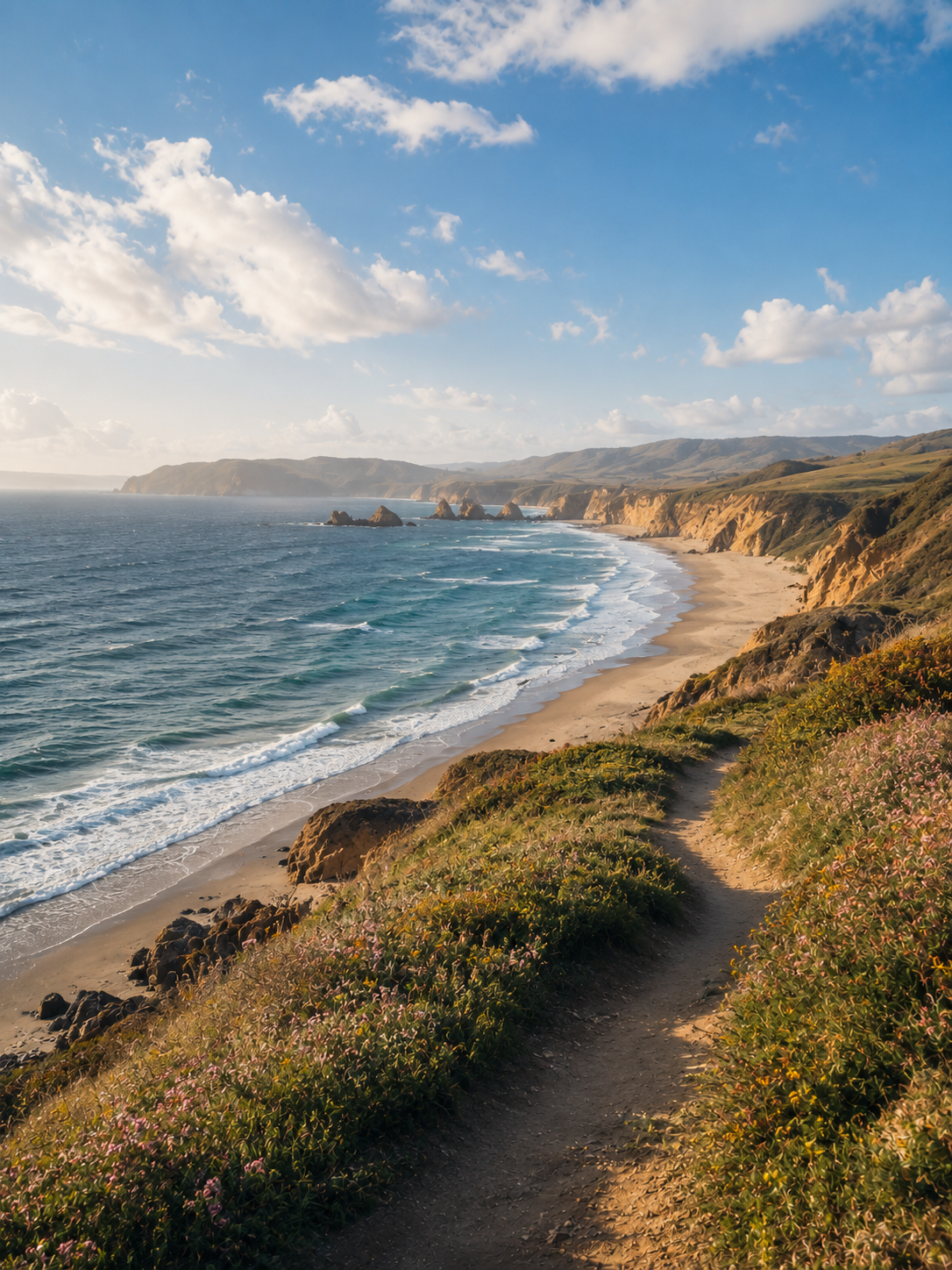 Dramatic coastal cliffs with golden beach and ocean waves