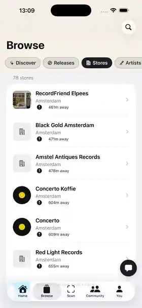 wax. app store list showing Amsterdam record shops by distance
