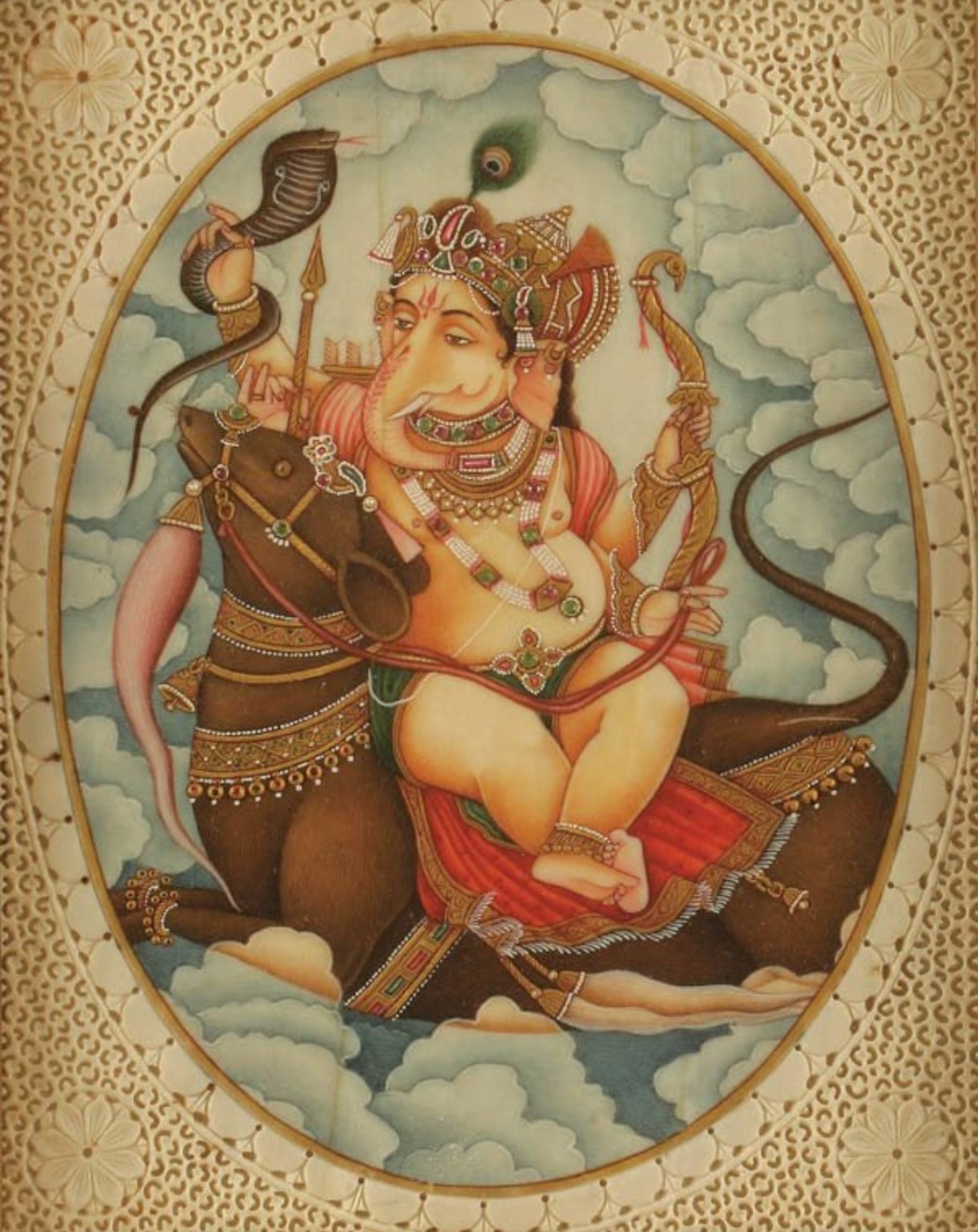 Шри Ганеша в образе ребенка летит над облаками на Мушике. Акварель Kailash Raj, Child Ganesha Flying Over Milky Clouds.