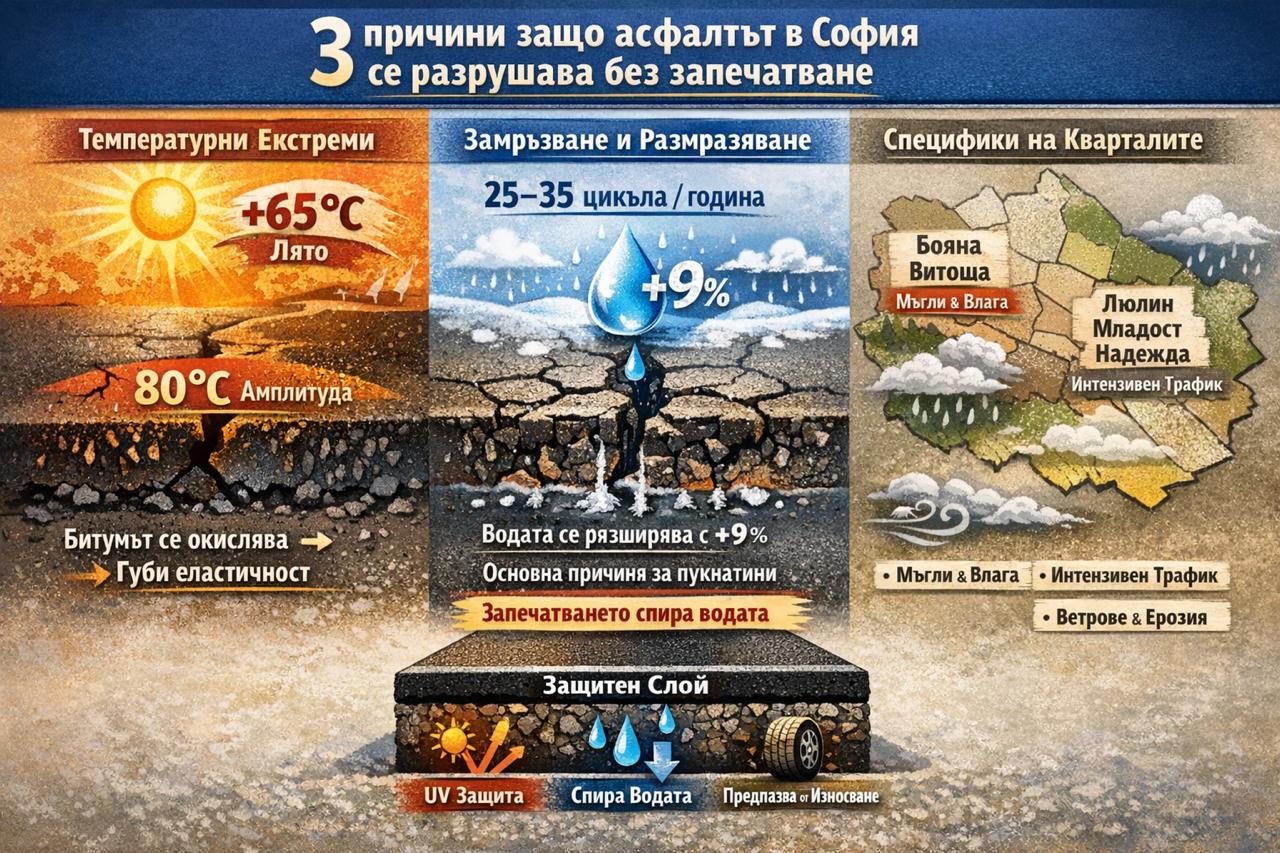 Инфографика защо запечатването на асфалт е важно в София – температурни екстреми, замръзване и райони с високо натоварване