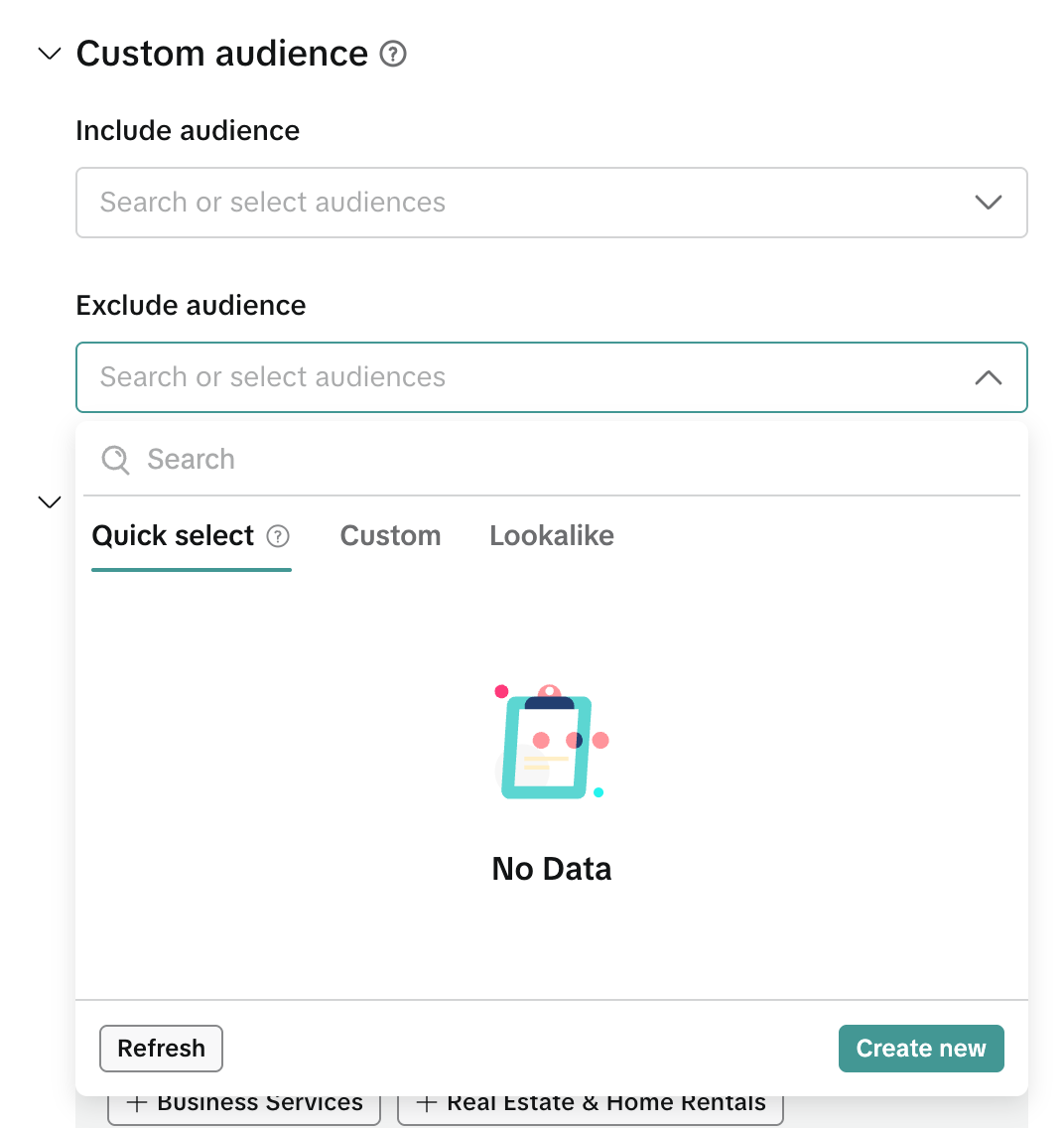 Поля Include audience и Exclude audience в группе объявлений TikTok