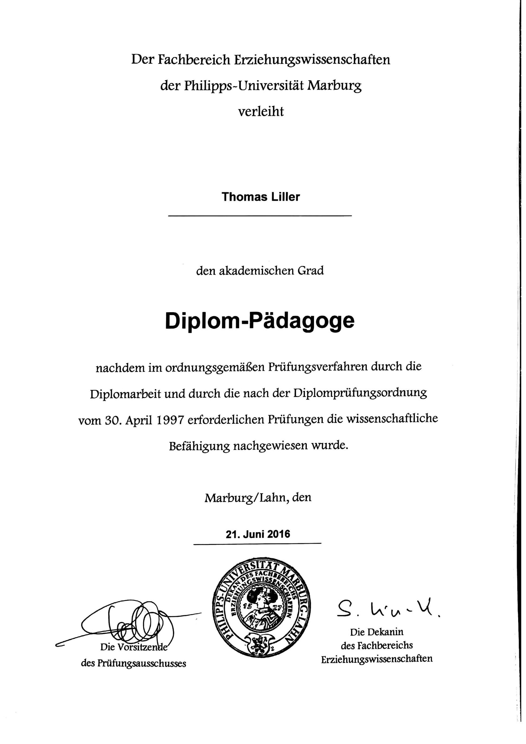 Zeugnis: Diplompädagoge