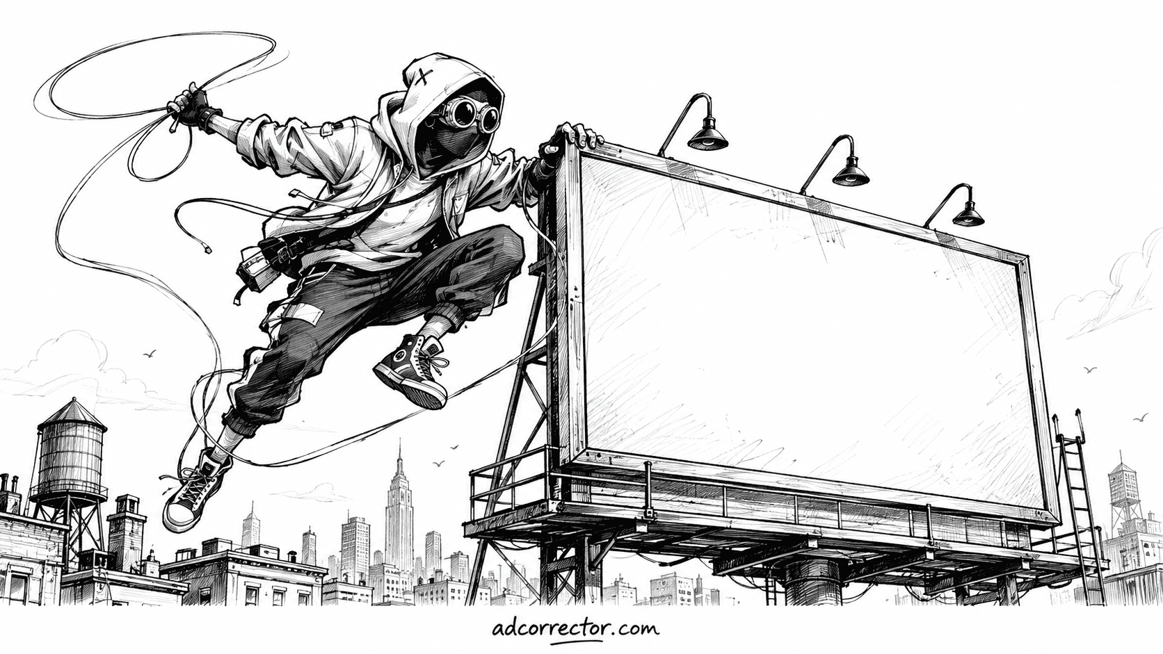 Black-and-white editorial sketch illustrating how recognizable superhero imagery captures attention in outdoor billboard advertising.