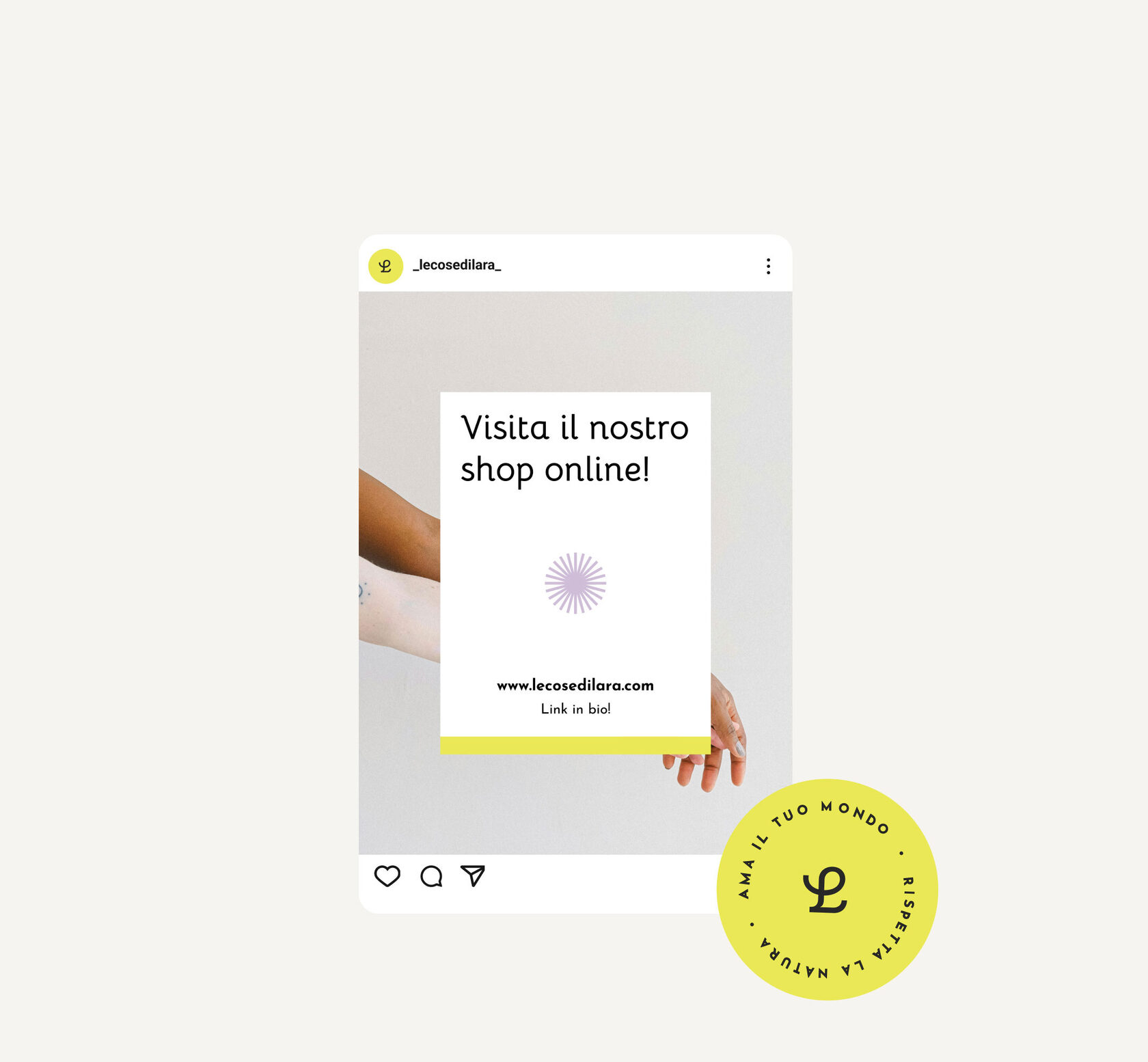 Aesthetic social media post showcasing Le Cose di Lara’s mission: sustainable, handmade, and eco-conscious living.