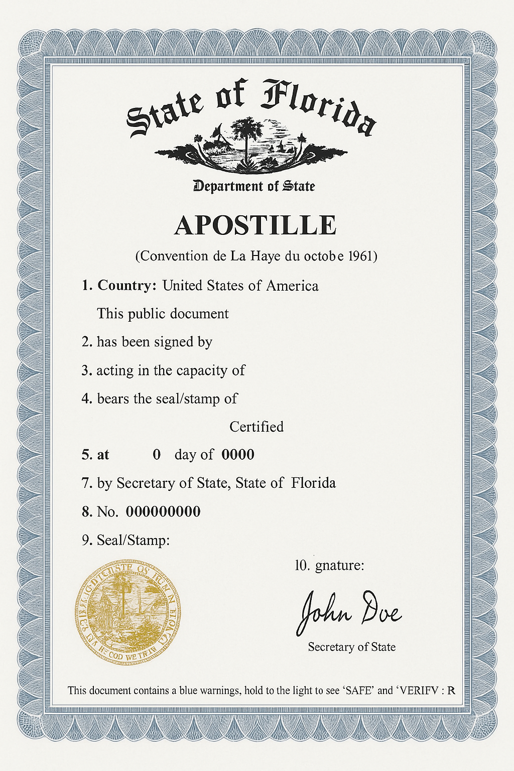 Sample Florida apostille certificate issued by the Florida Department of State
