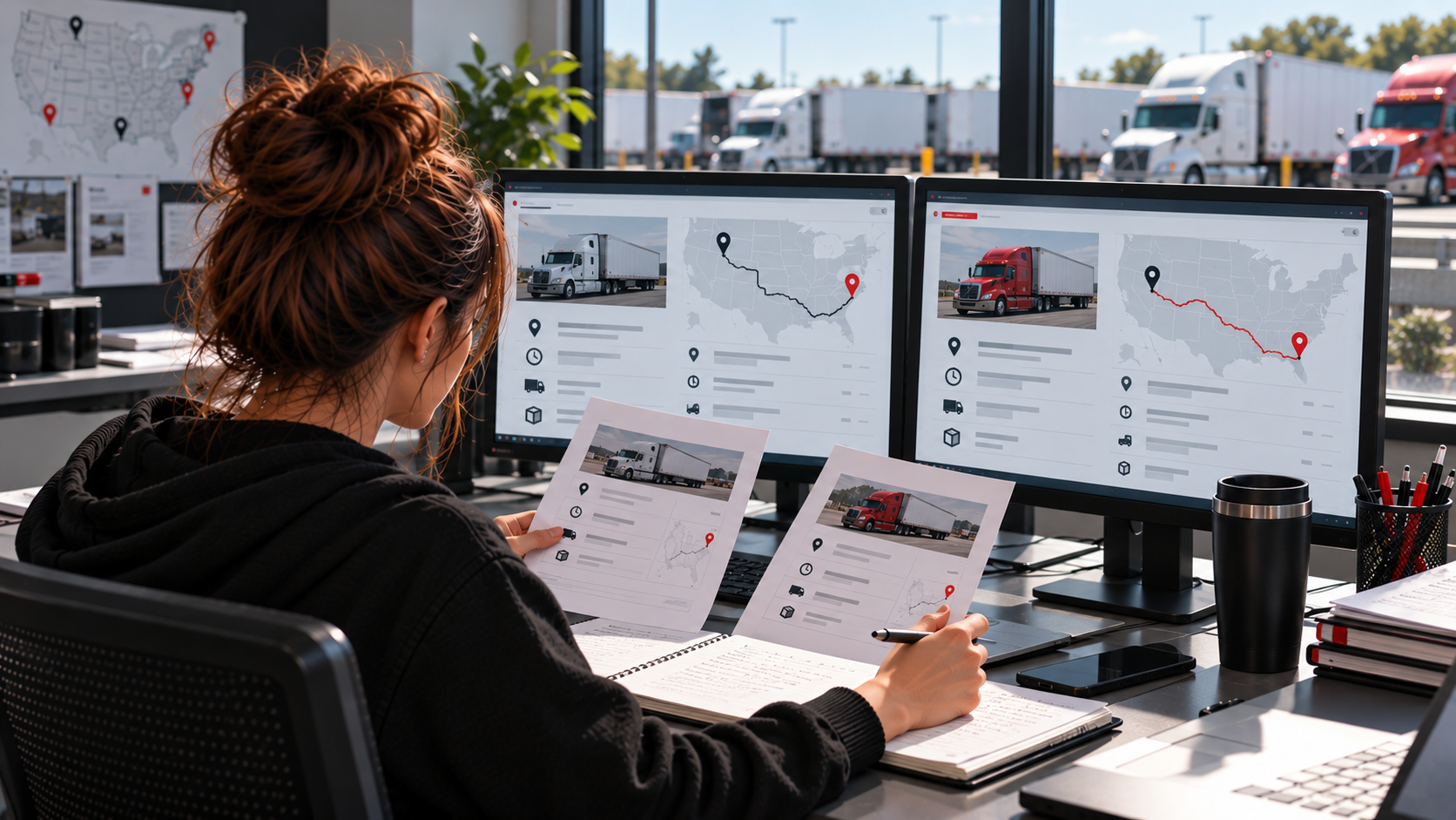 A dispatcher comparing two anonymized freight options side-by-side with route cards, mileage notes and appointment times