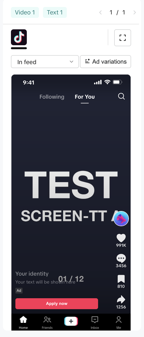 Предпросмотр объявления In-Feed в ленте For You в TikTok Ads Manager