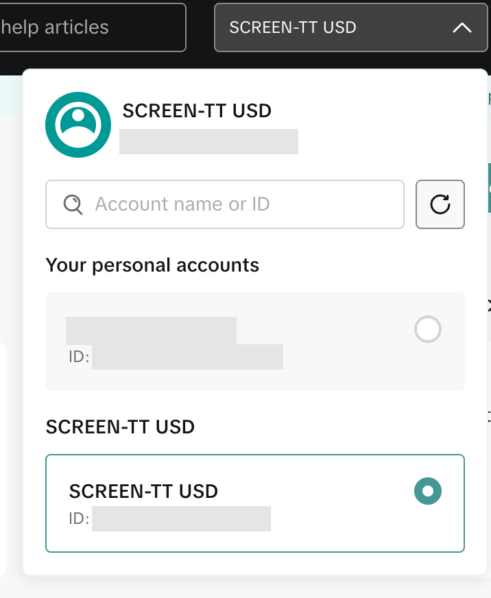 Переключатель рекламных кабинетов в шапке TikTok Ads Manager