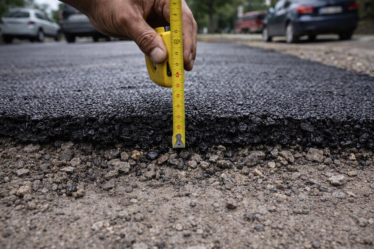 Измерване на тънък асфалтов слой около 4 см вместо препоръчителните 6 см за паркинг