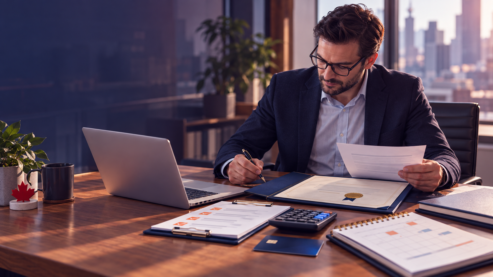 Business owner reviewing incorporation documents at a desk