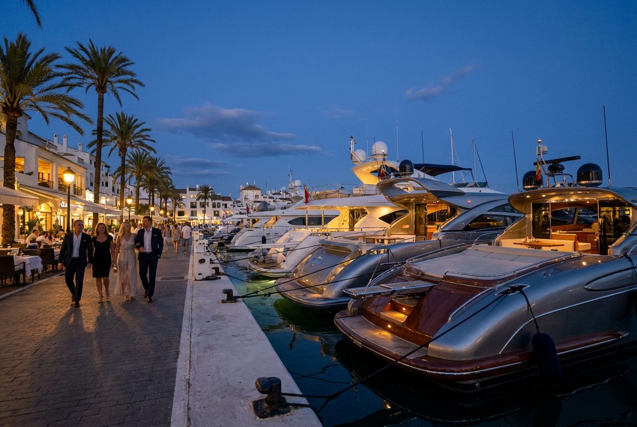 Puerto Banús a la hora azul con los yates amarrados