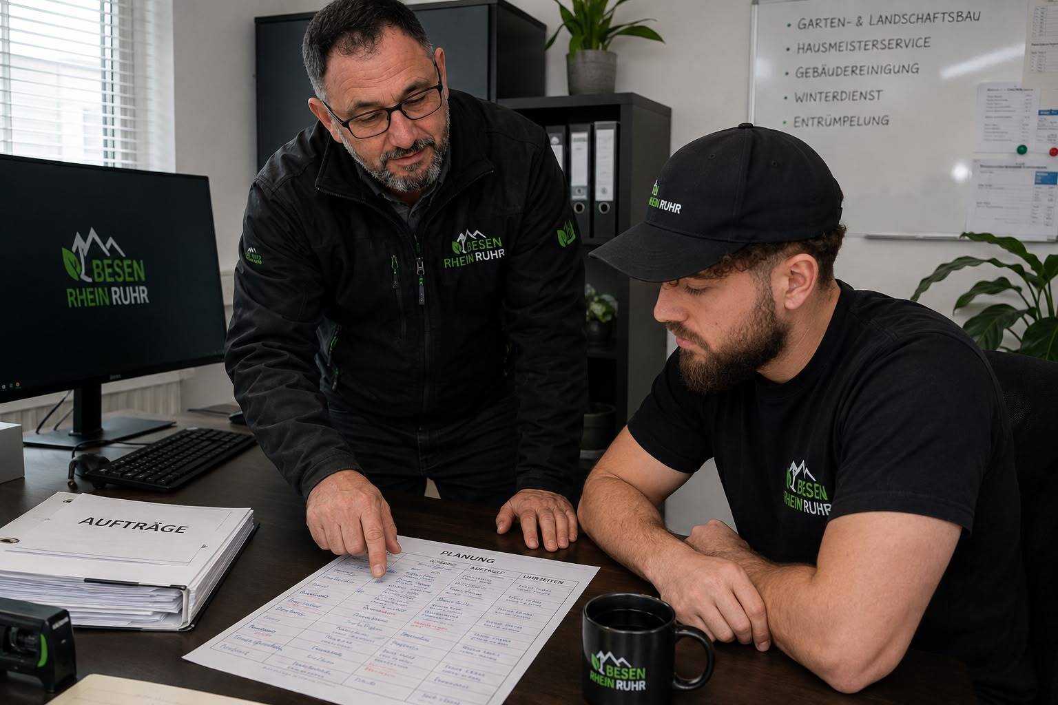 Familie hinter Besen Rhein Ruhr – Vater und Sohn bei der Arbeit an einer gepflegten Immobilie