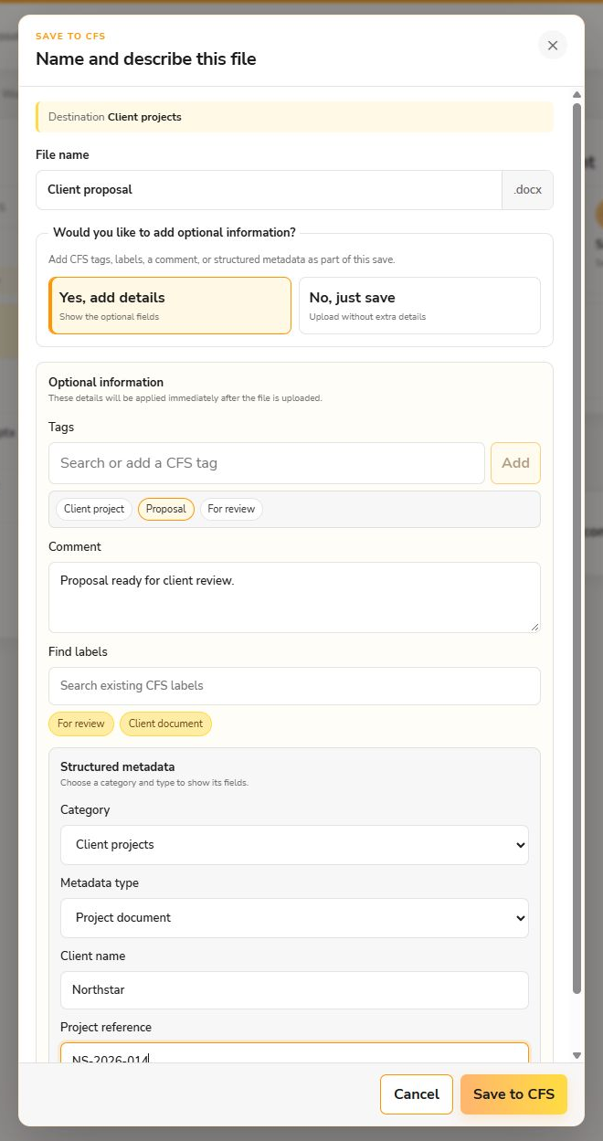 CFS save dialog with file naming, optional tags, comments, labels, and project metadata.