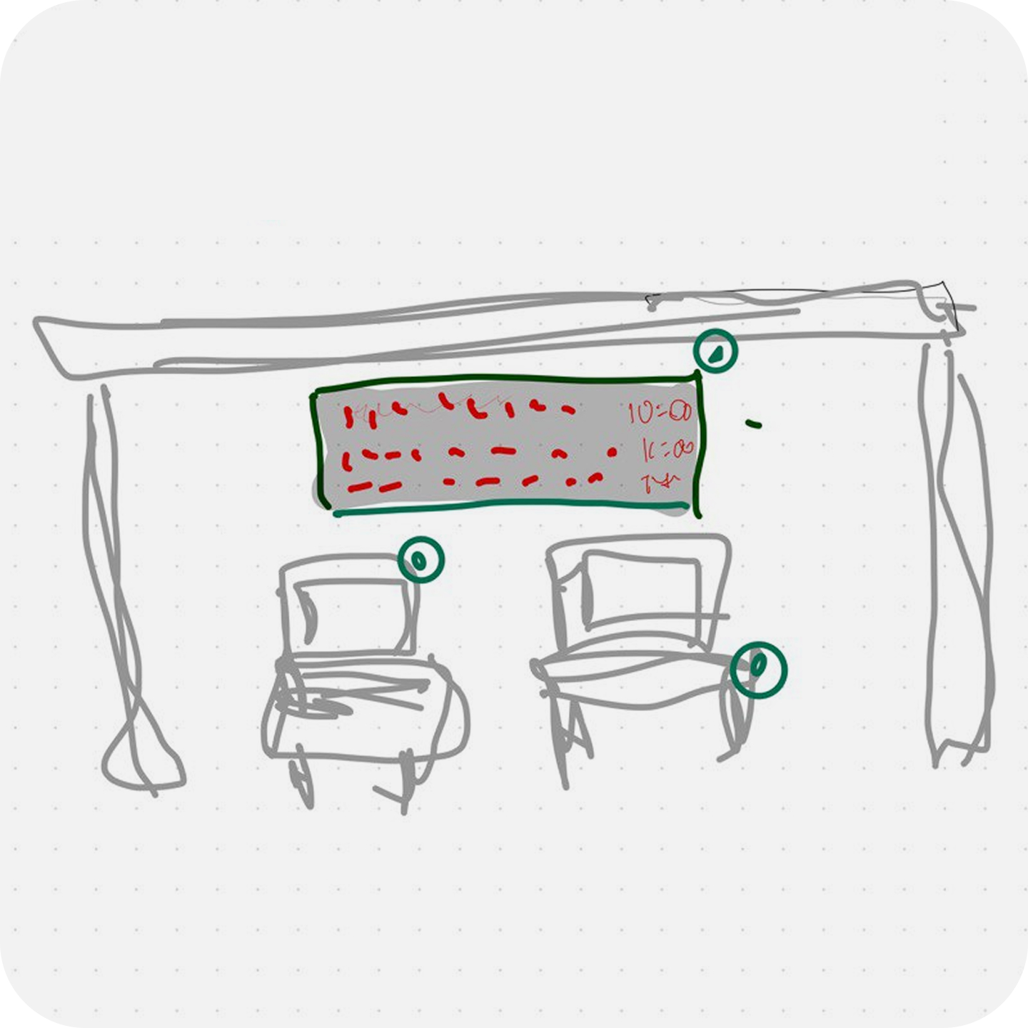 A pencil sketch of two chairs under a bus stop roof