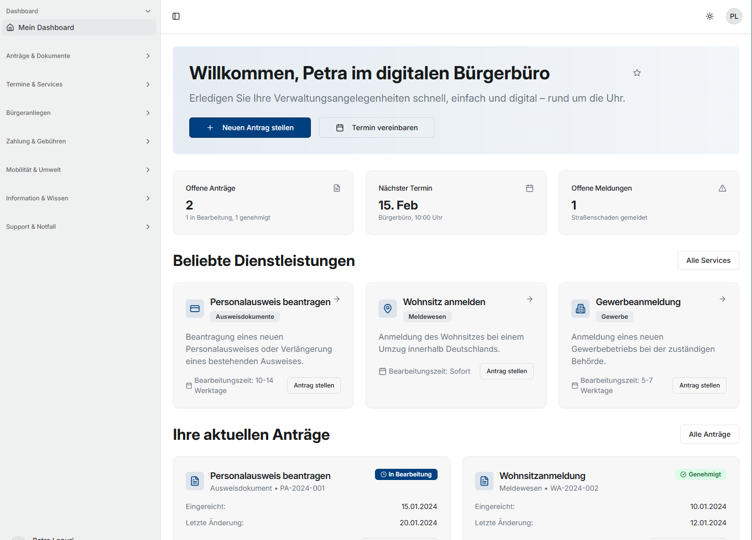 Persönliches Bürger-Dashboard im digitalen Rathaus mit Anträgen, Terminen, Dokumenten und Bearbeitungsstatus