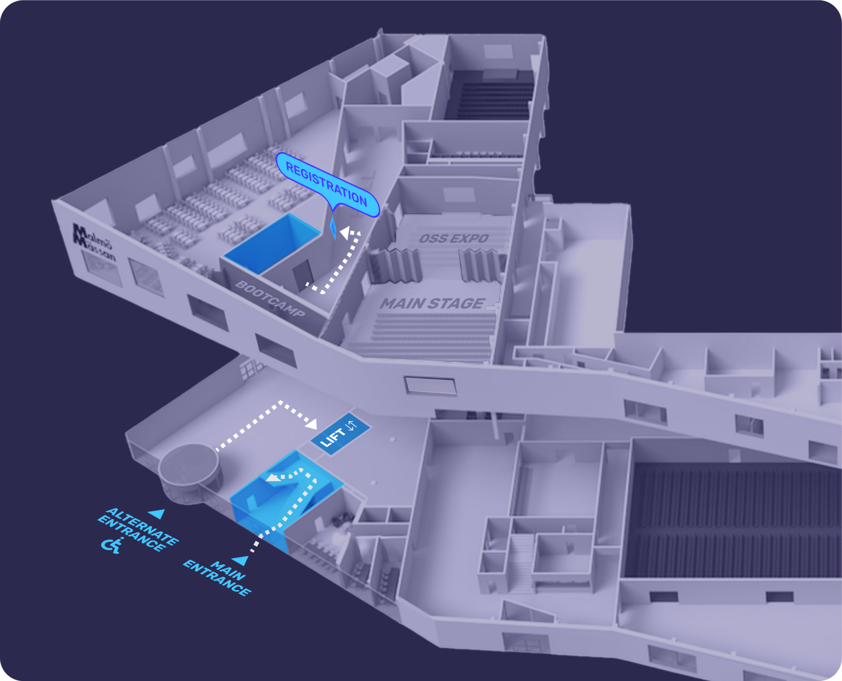 A plan of a building. The main and alternate entrances, lift and registration are marked in blue on the map.