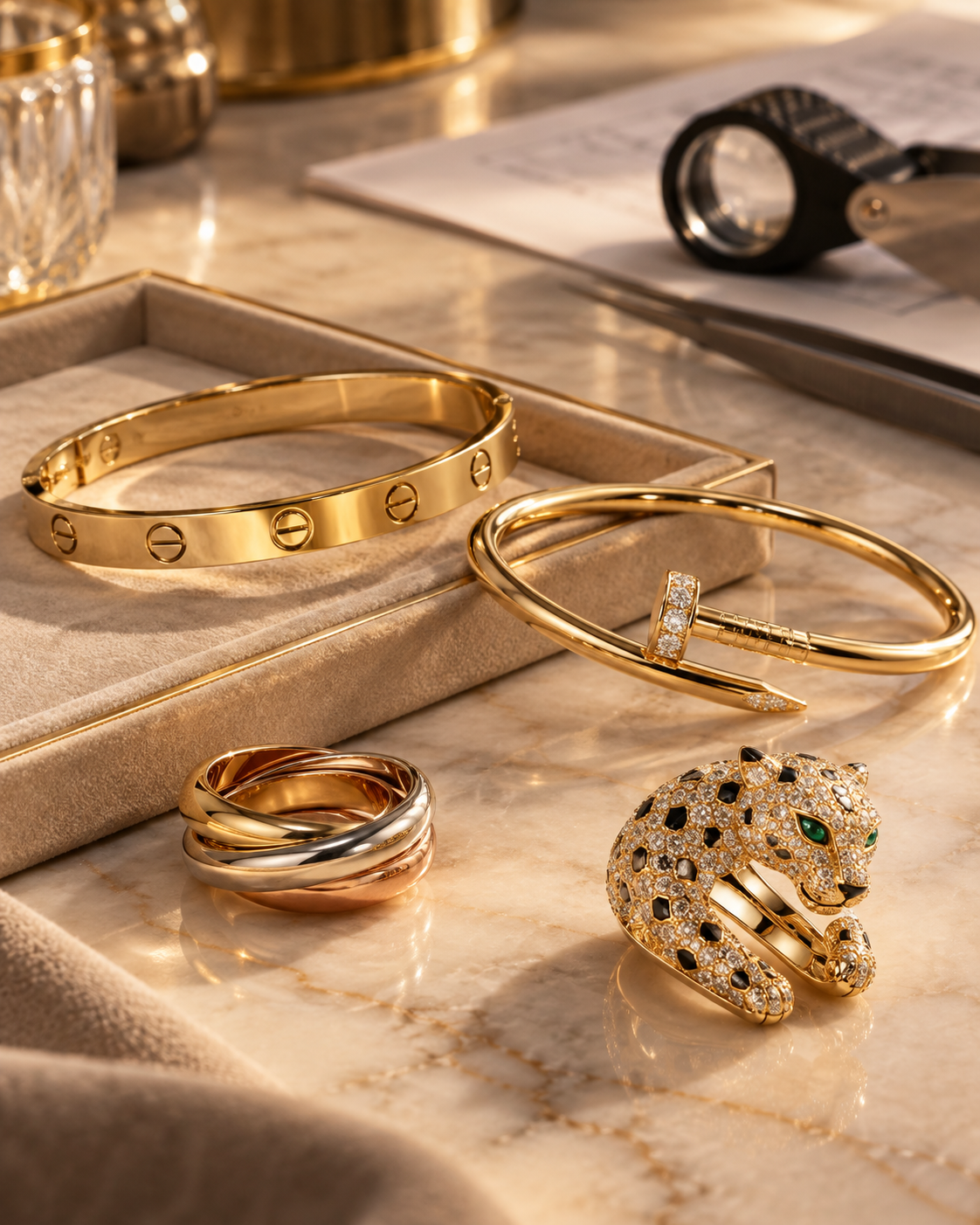 Cartier LOVE, Juste un Clou, Trinity and Panthère jewelry compared during resale evaluation for collection, condition, configuration and market demand
