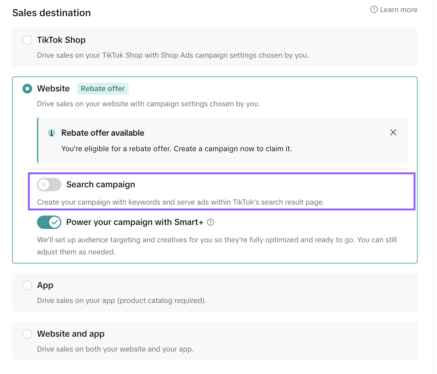Переключатель Search campaign в настройках кампании TikTok Ads Manager