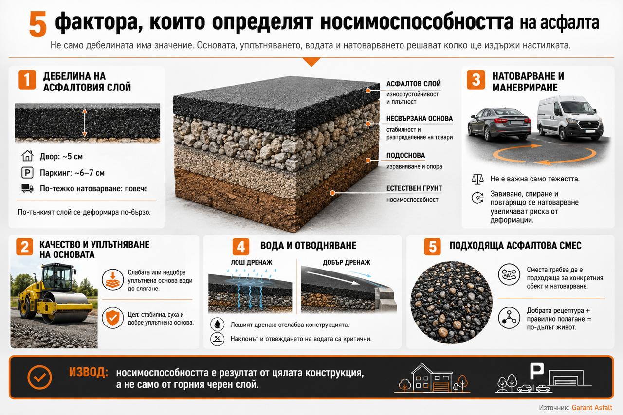 5 фактора, които определят носимоспособността на асфалта: дебелина, основа, натоварване, вода и асфалтова смес